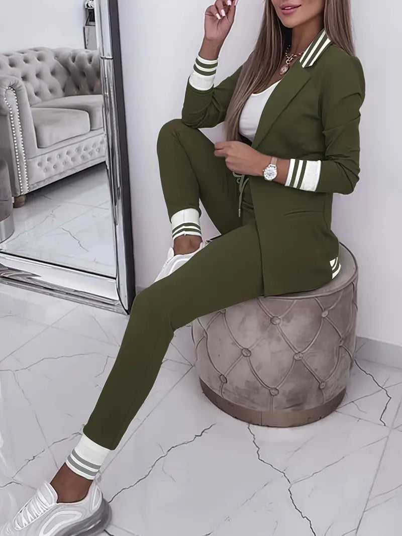 Two Piece Set Striped Collared Blazer & Drawstring Trousers