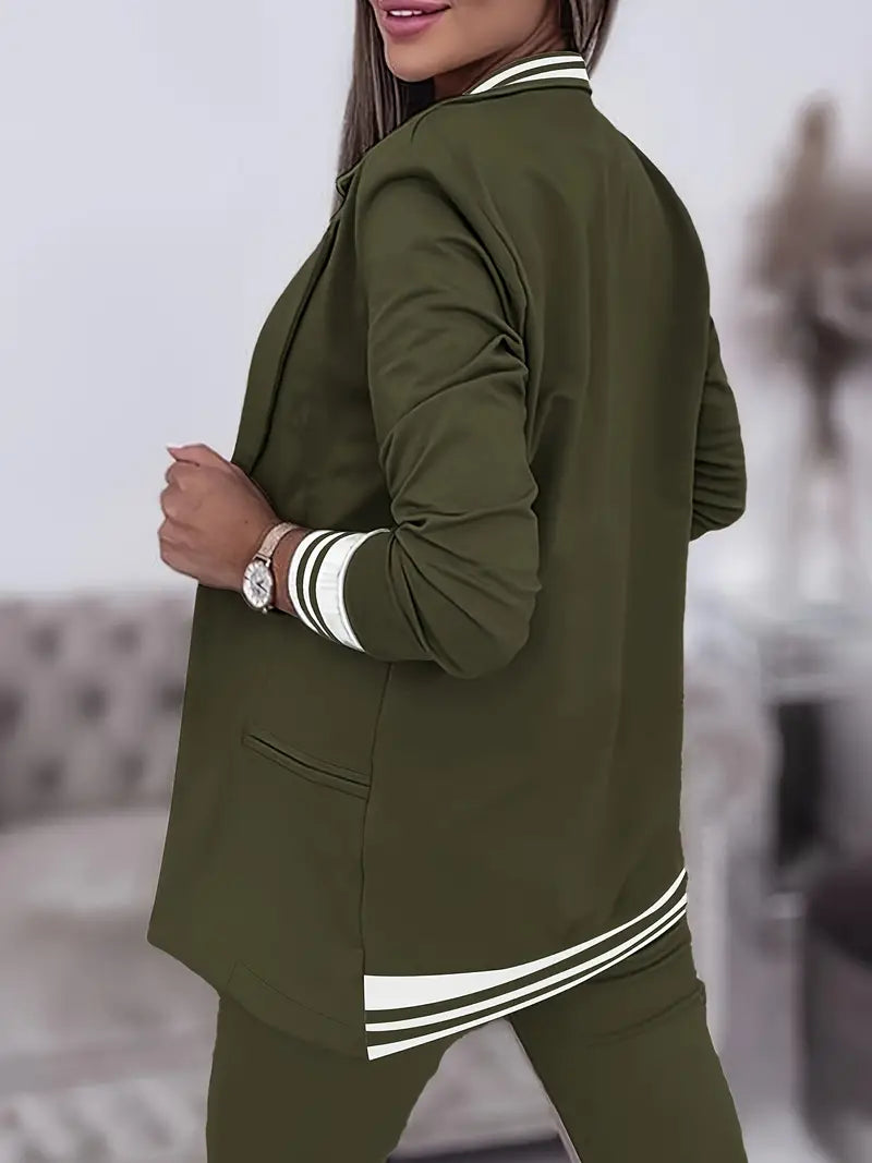 Two Piece Set Striped Collared Blazer & Drawstring Trousers