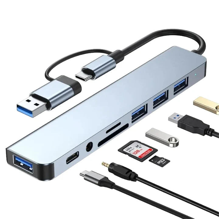 USB-C Hub 8-in-1 Aluminum Dual USB-A & USB-C
