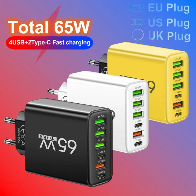 USB Charger 65W 6-Port USB-A & USB-C