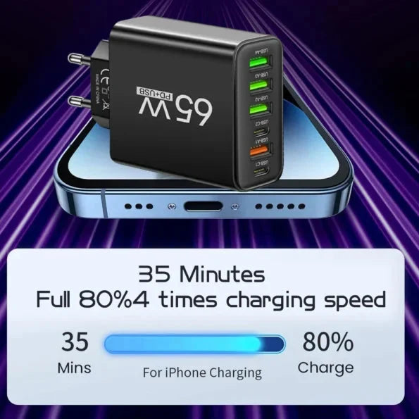 USB Charger 65W 6-Port USB-A & USB-C