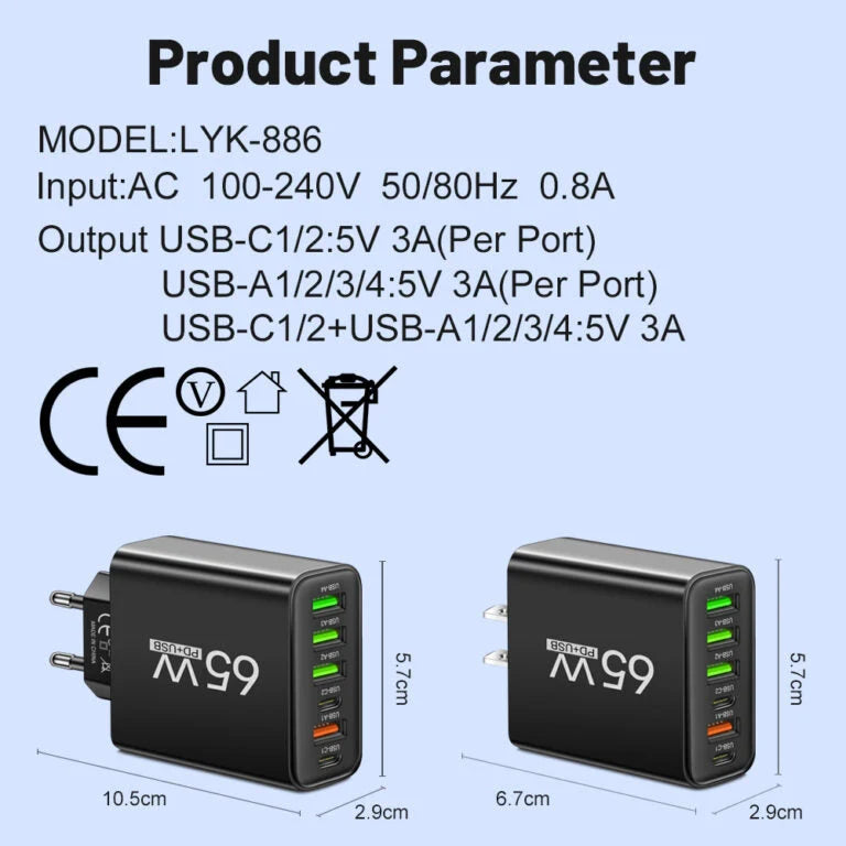 USB Charger 65W 6-Port USB-A & USB-C