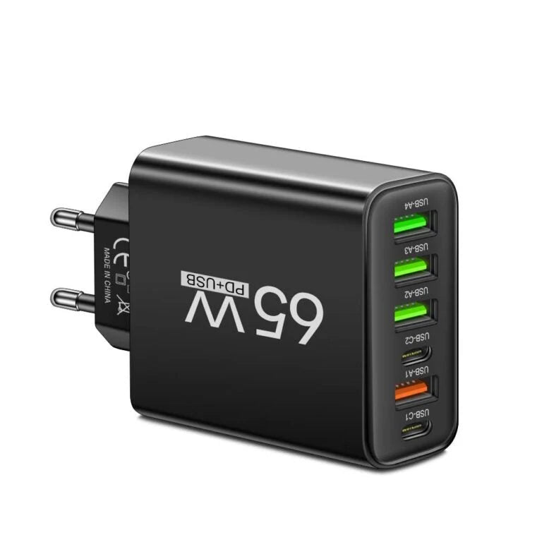 USB Charger 65W 6-Port USB-A & USB-C