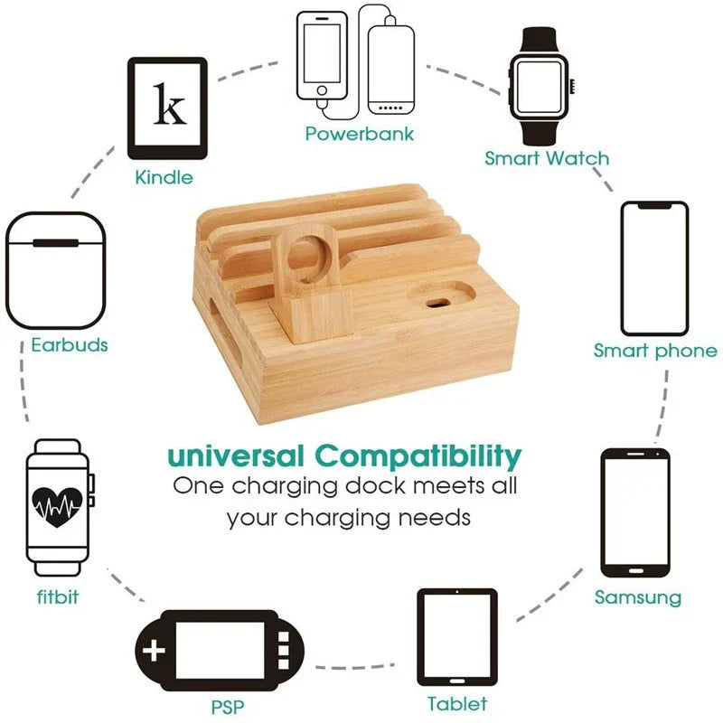 USB Charging Station Bamboo 5-Port Magnetic Cable Organizer