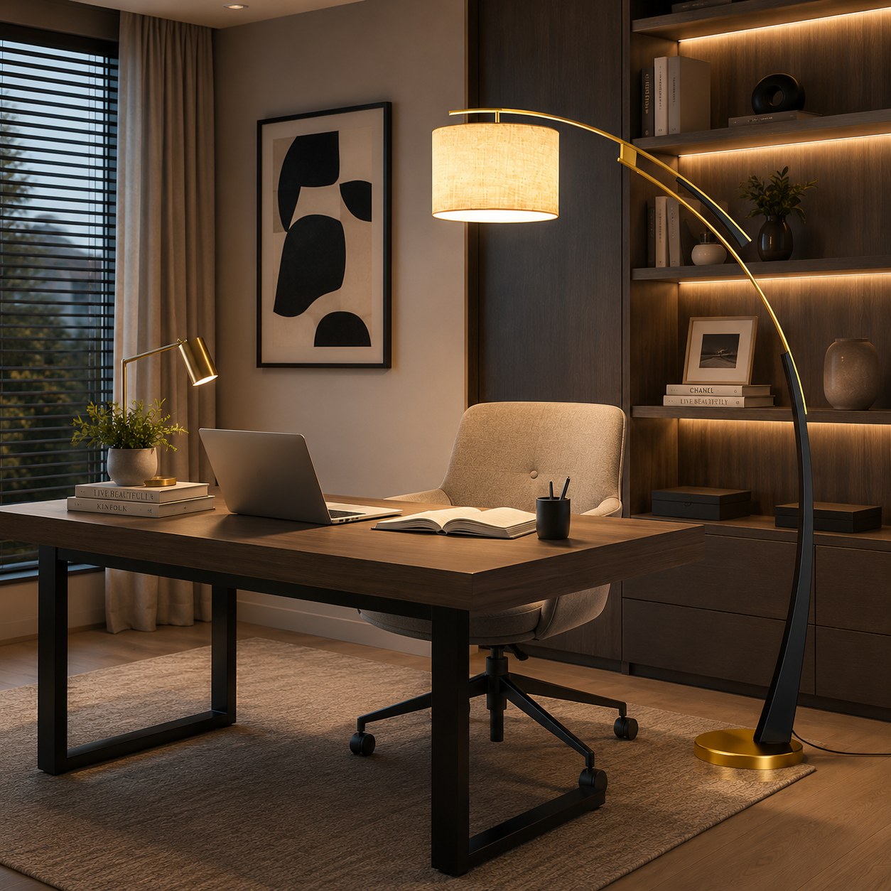 USB-Powered Adjustable Arc Iron Floor Lamp (Fabric Shade)