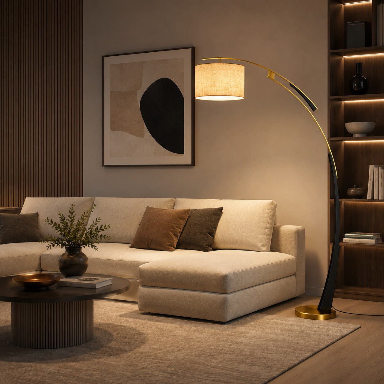 USB-Powered Adjustable Arc Iron Floor Lamp (Fabric Shade)