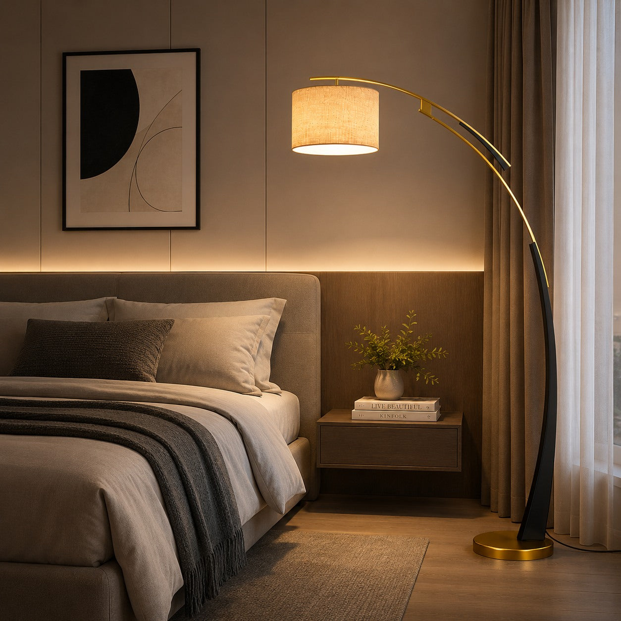 USB-Powered Adjustable Arc Iron Floor Lamp (Fabric Shade)