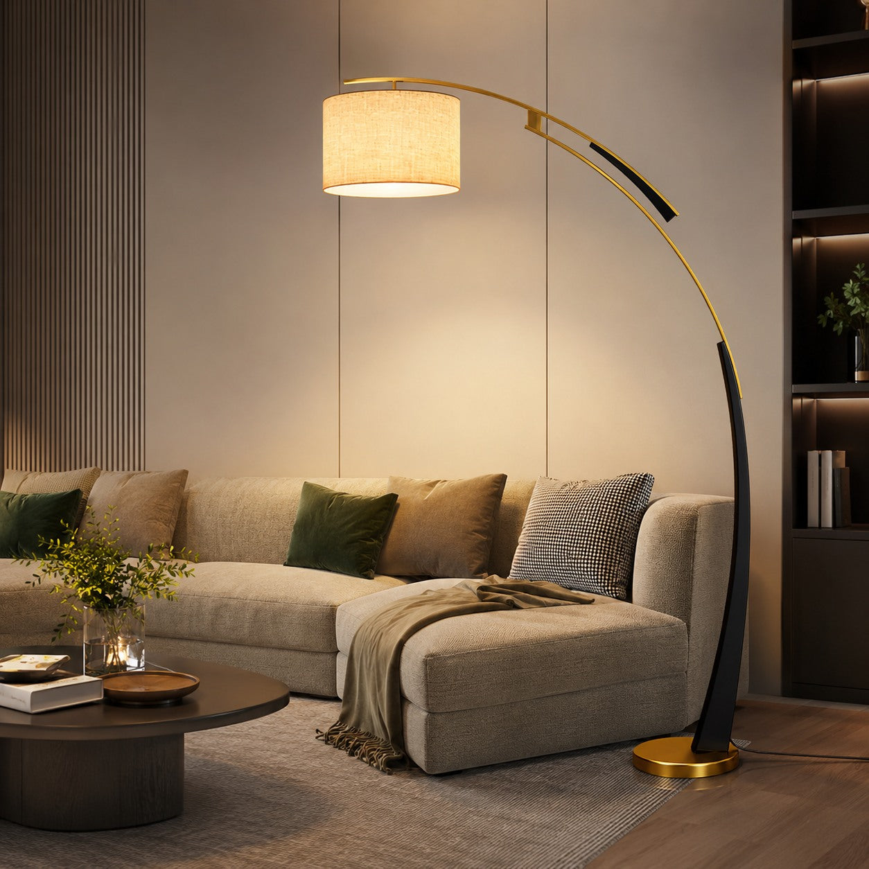 USB-Powered Adjustable Arc Iron Floor Lamp (Fabric Shade)