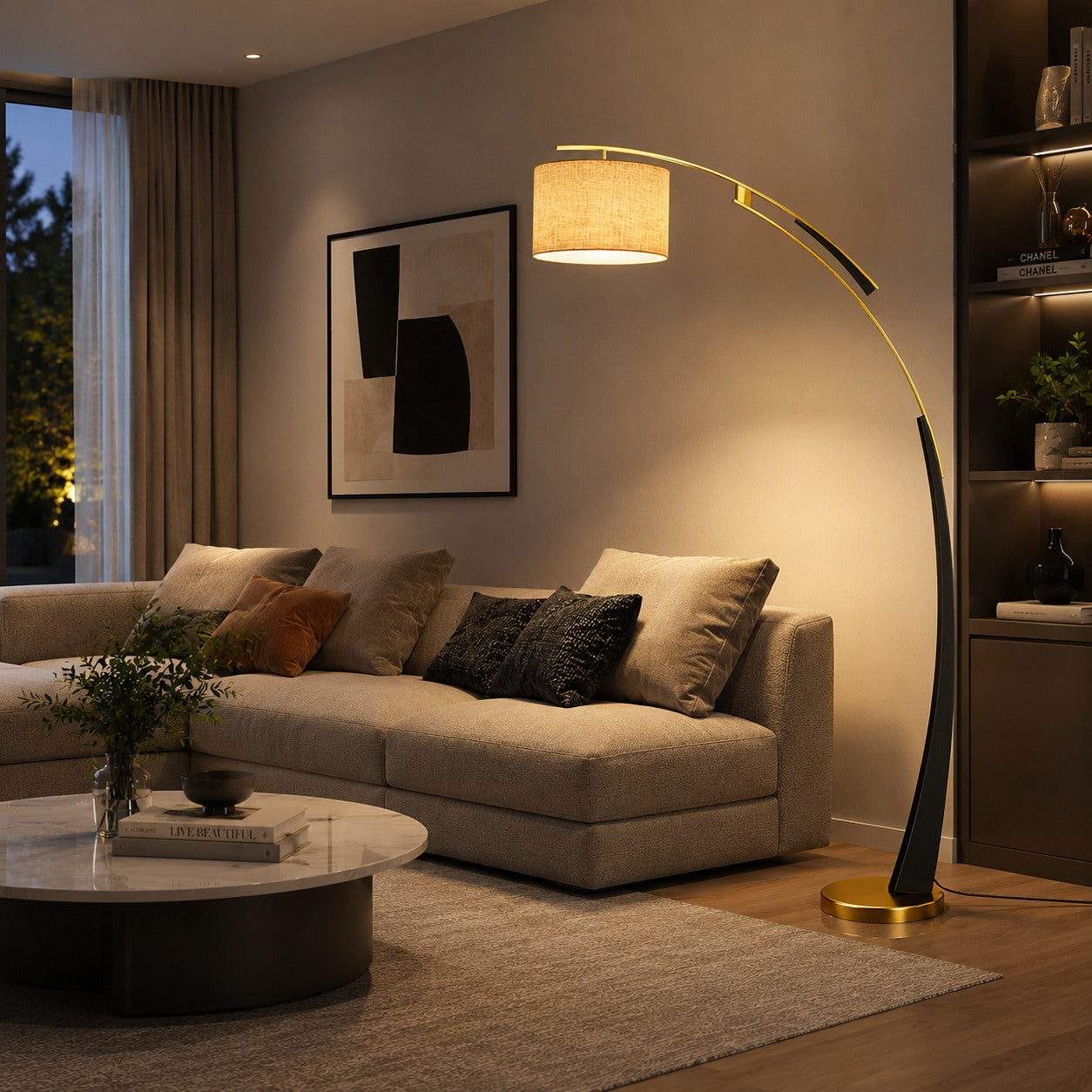 USB-Powered Adjustable Arc Iron Floor Lamp (Fabric Shade)