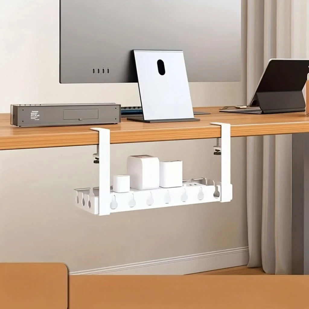 Under-Desk Cable Organizer Adjustable Strap Adhesive & Screw Mounts