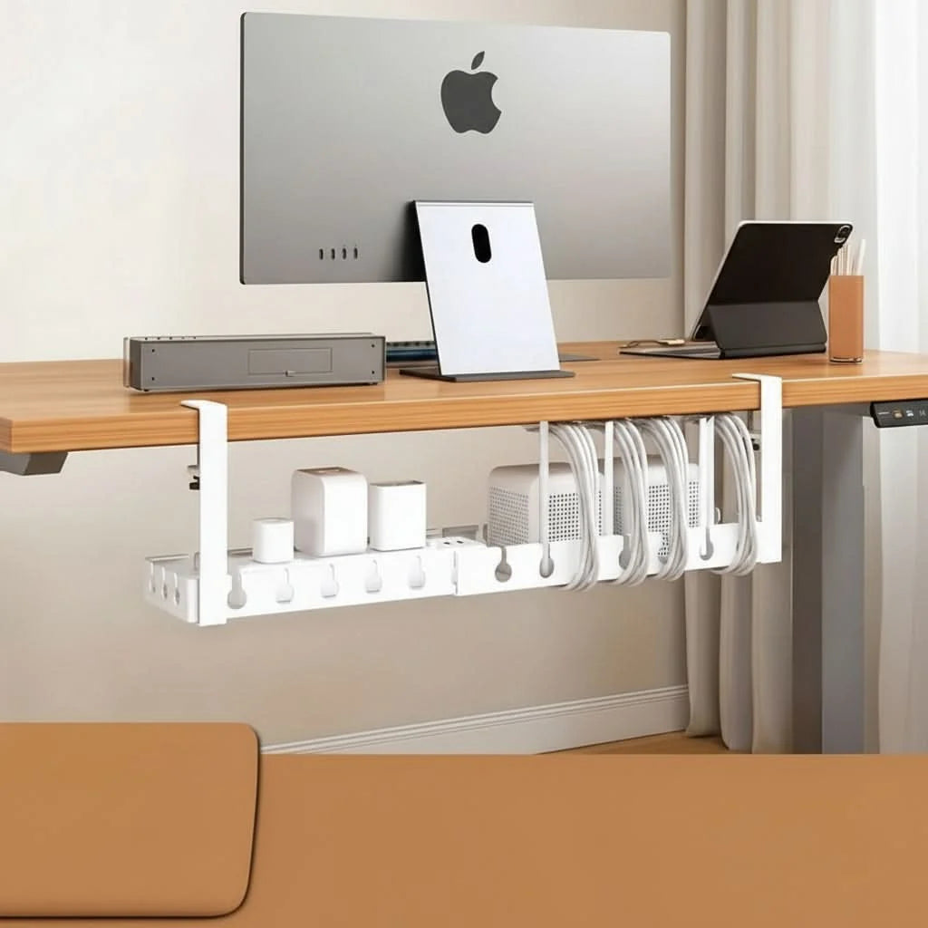Under-Desk Cable Organizer Adjustable Strap Adhesive & Screw Mounts