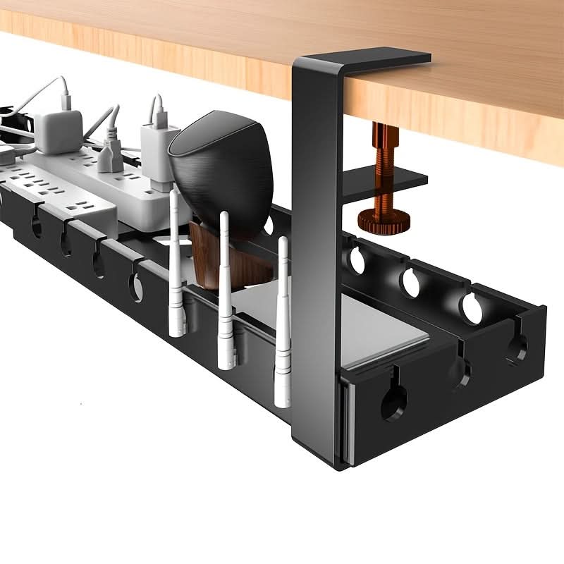 Under-Desk Cable Organizer Adjustable Strap Adhesive & Screw Mounts