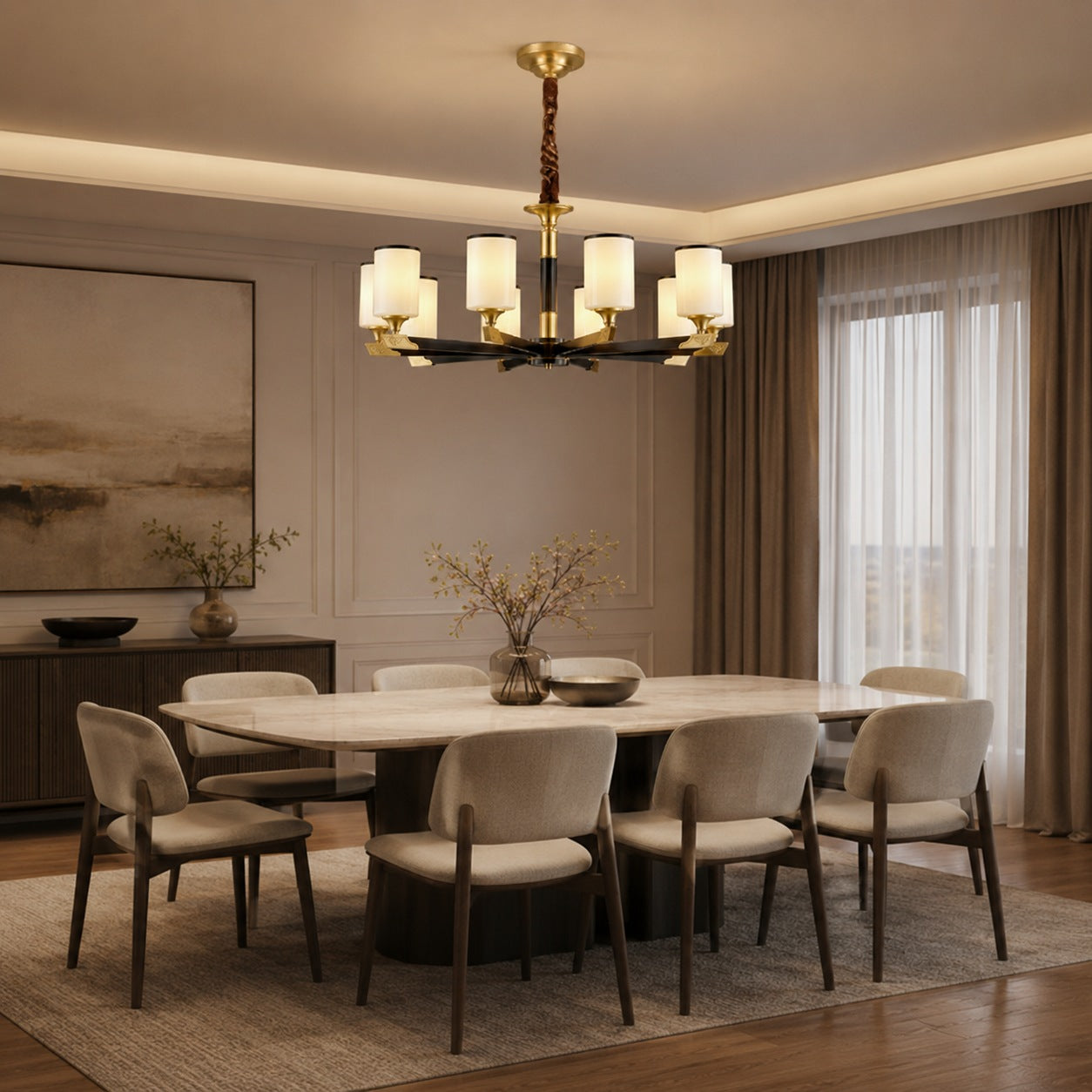 Upward Ivory Glass & Gold-Finish Copper Chandelier (3–10 Head Sizes)