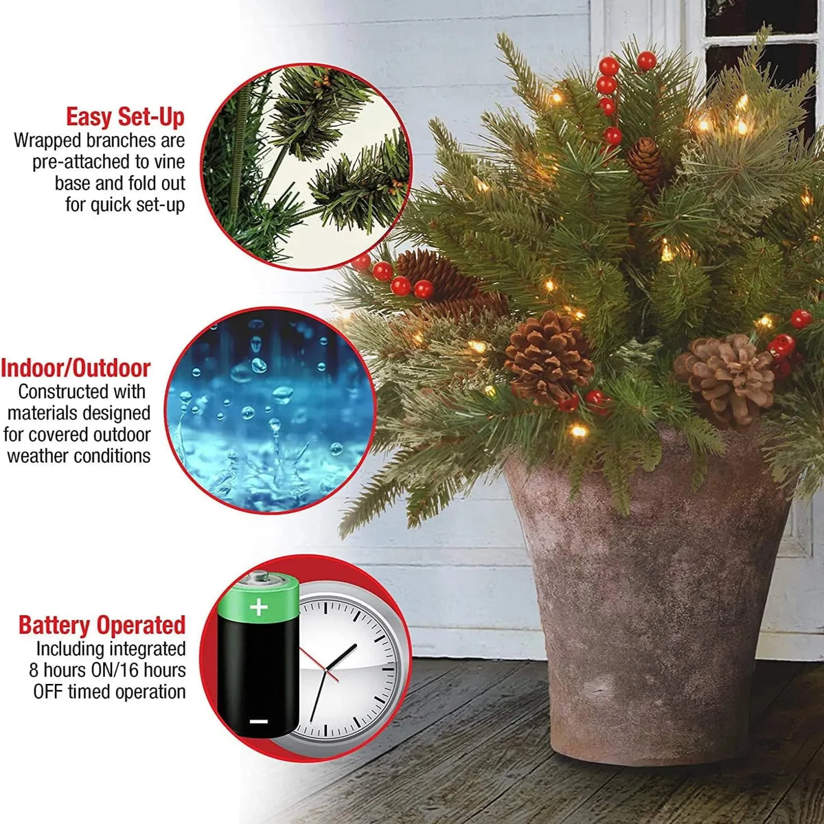 Urn Filler Dense Evergreen Battery Operated Timer 35 LEDs