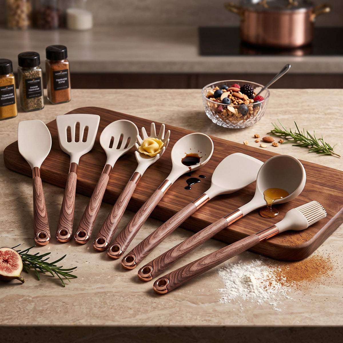Utensil Set 10-Piece Heat-Resistant Silicone & Wood Handles