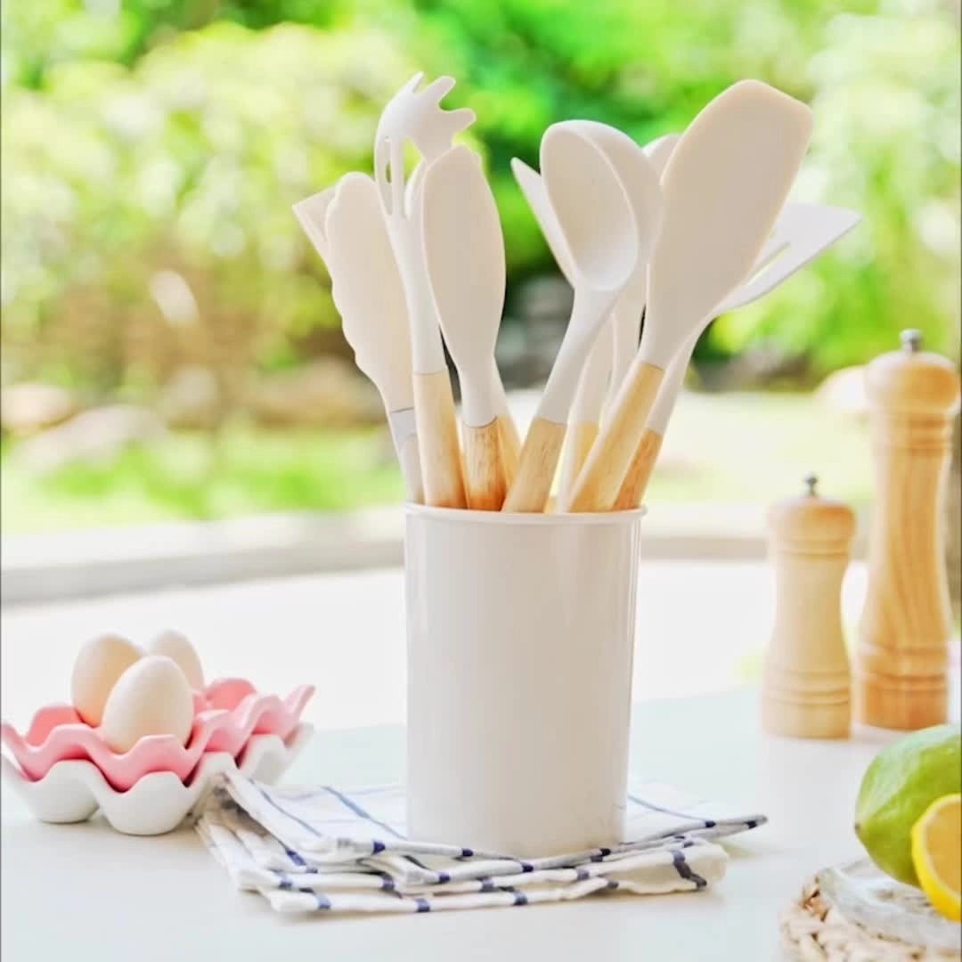 Utensil Set 12-Piece Silicone Bamboo Handles