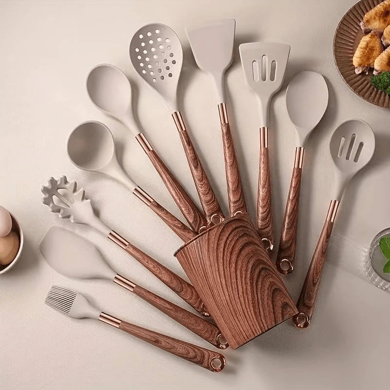 Utensil Set Heat-Resistant & Non-Stick Silicone Wood-Look Handles