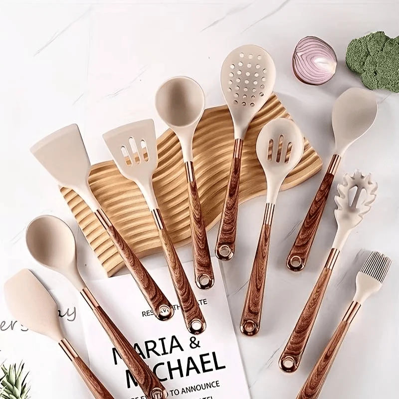 Utensil Set Heat-Resistant & Non-Stick Silicone Wood-Look Handles