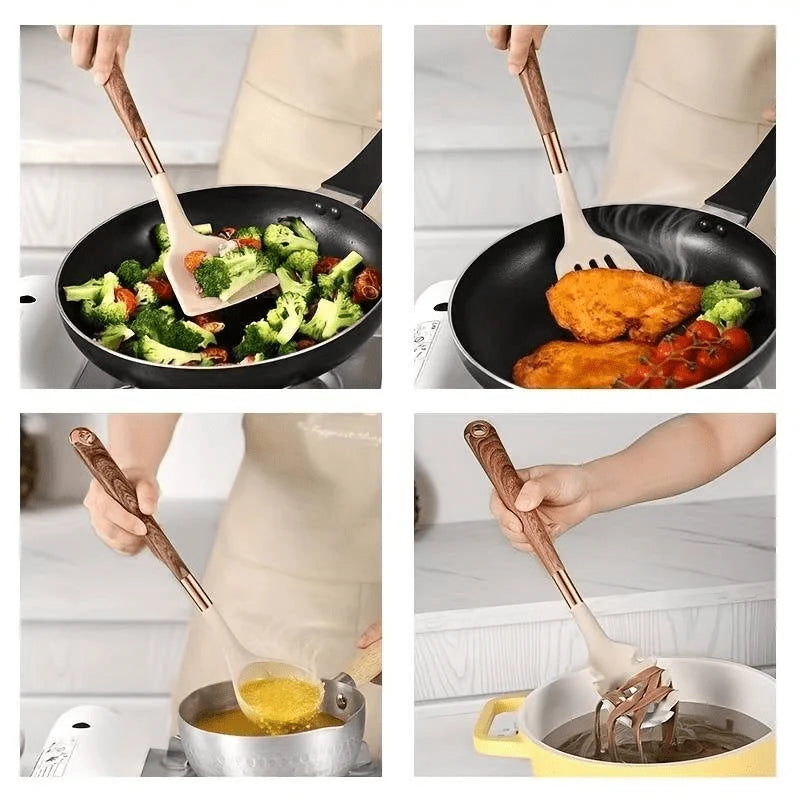 Utensil Set Heat-Resistant & Non-Stick Silicone Wood-Look Handles