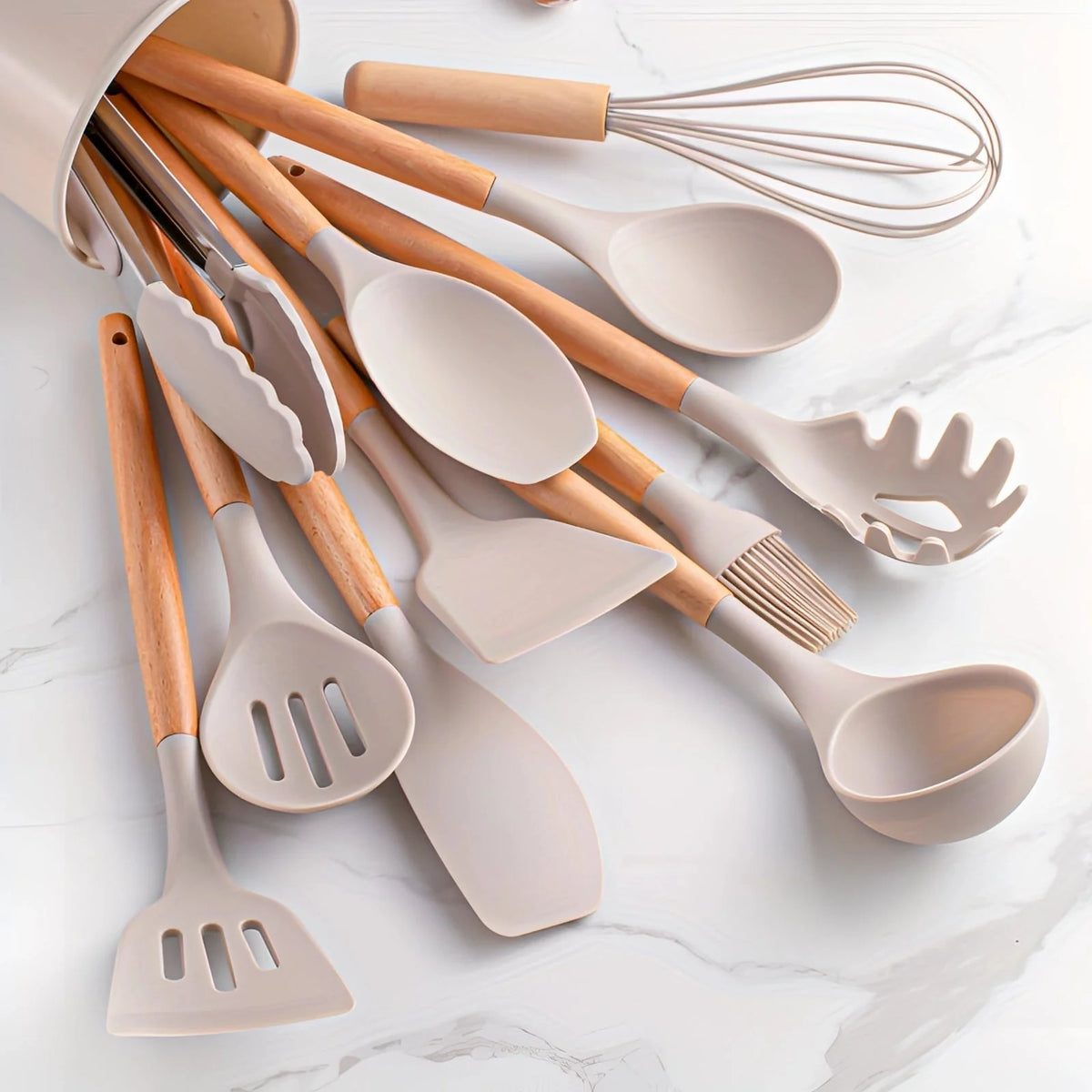 Utensil Set Heat-Resistant Silicone Bamboo Handles 12-Piece
