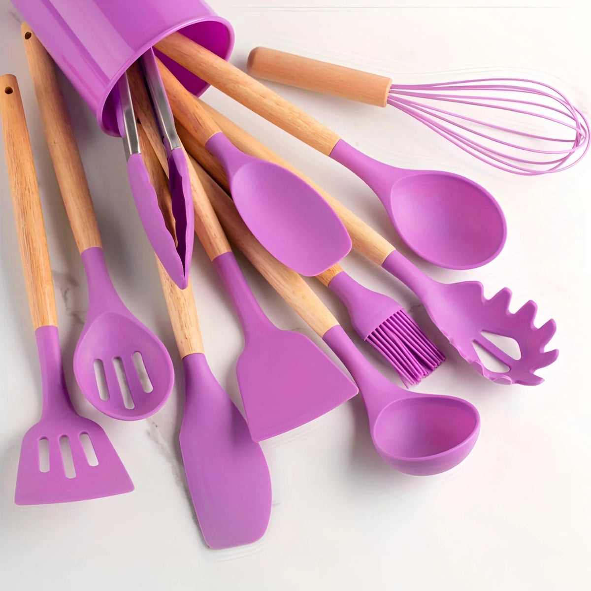 Utensil Set Heat-Resistant Silicone Bamboo Handles 12-Piece