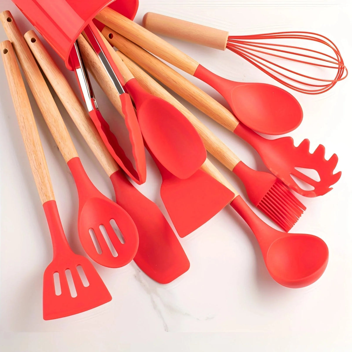 Utensil Set Heat-Resistant Silicone Bamboo Handles 12-Piece