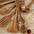 Utensil Set Natural Wood Ergonomic & Pan-Friendly 7 Piece