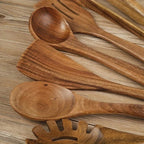 Utensil Set Natural Wood Ergonomic & Pan-Friendly 7 Piece