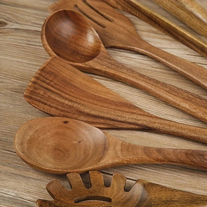 Utensil Set Natural Wood Ergonomic & Pan-Friendly 7 Piece