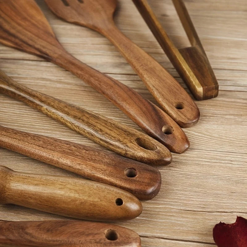 Utensil Set Natural Wood Ergonomic & Pan-Friendly 7 Piece