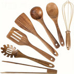 Utensil Set Natural Wood Ergonomic & Pan-Friendly 7 Piece