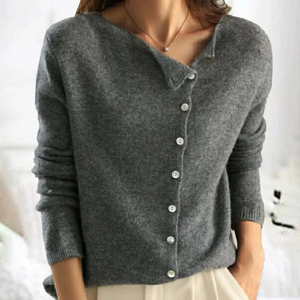 V-Neck Sweater Asymmetrical Button Closure Soft Knit