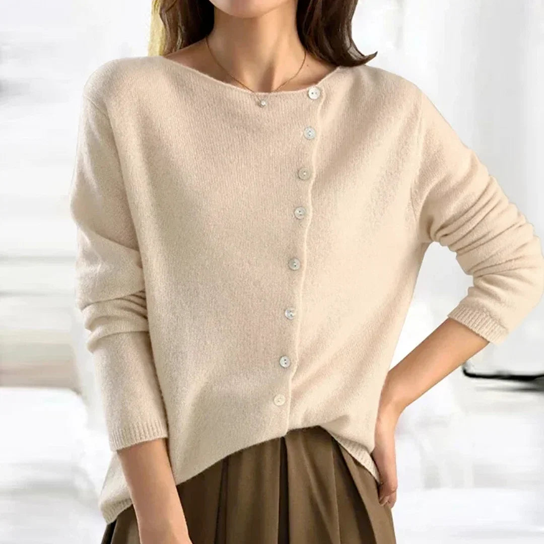 V-Neck Sweater Asymmetrical Button Closure Soft Knit