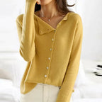 V-Neck Sweater Asymmetrical Button Closure Soft Knit