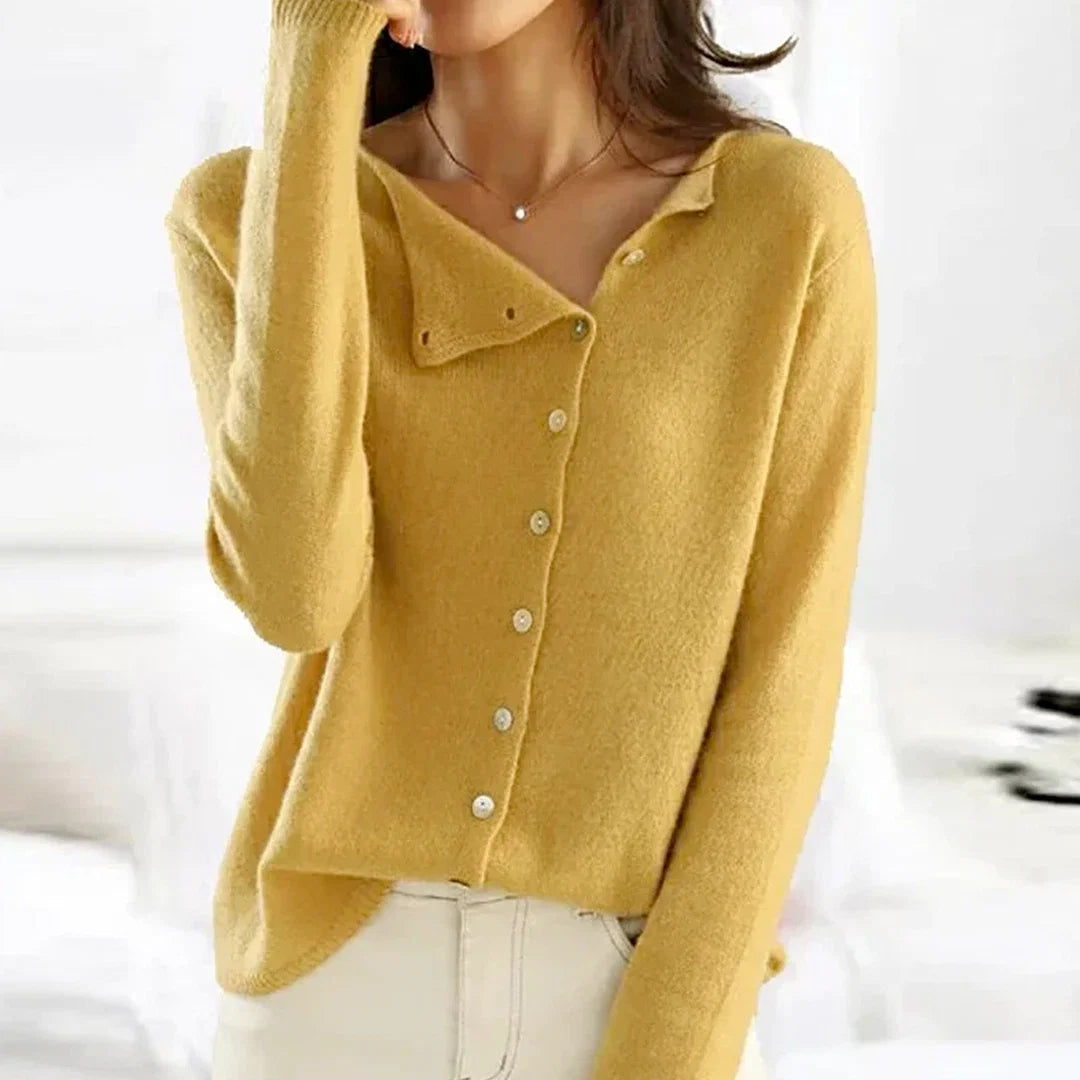 V-Neck Sweater Asymmetrical Button Closure Soft Knit