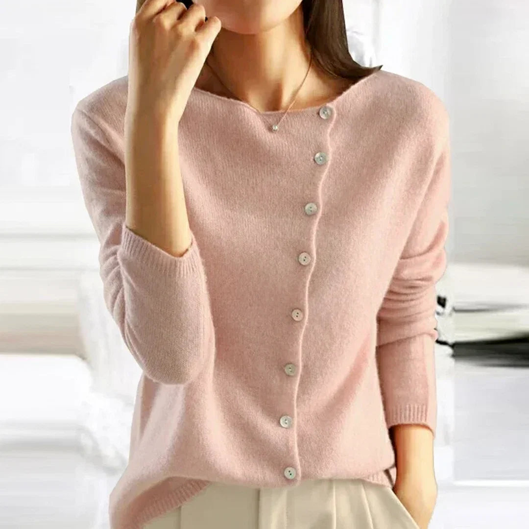 V-Neck Sweater Asymmetrical Button Closure Soft Knit