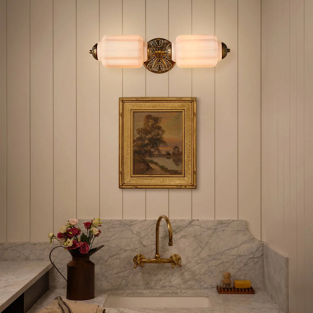 Vanity Wall Light Art Deco Milk Glass Brushed Brass