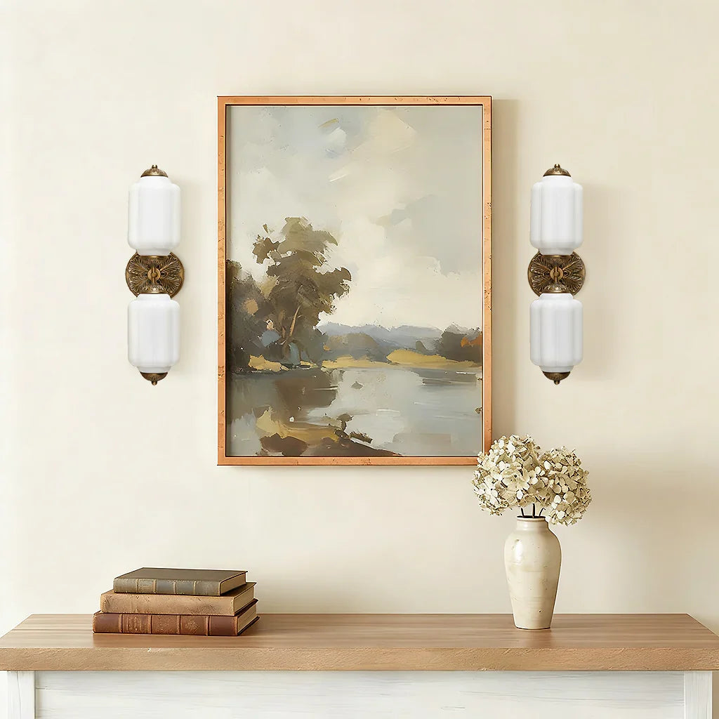 Vanity Wall Light Art Deco Milk Glass Brushed Brass