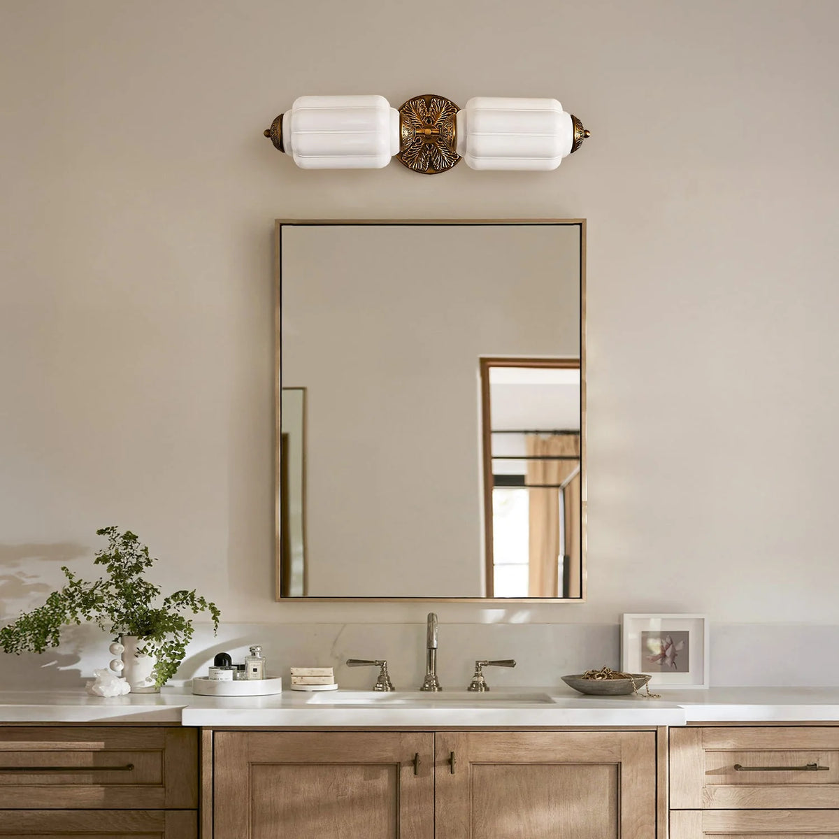 Vanity Wall Light Art Deco Milk Glass Brushed Brass