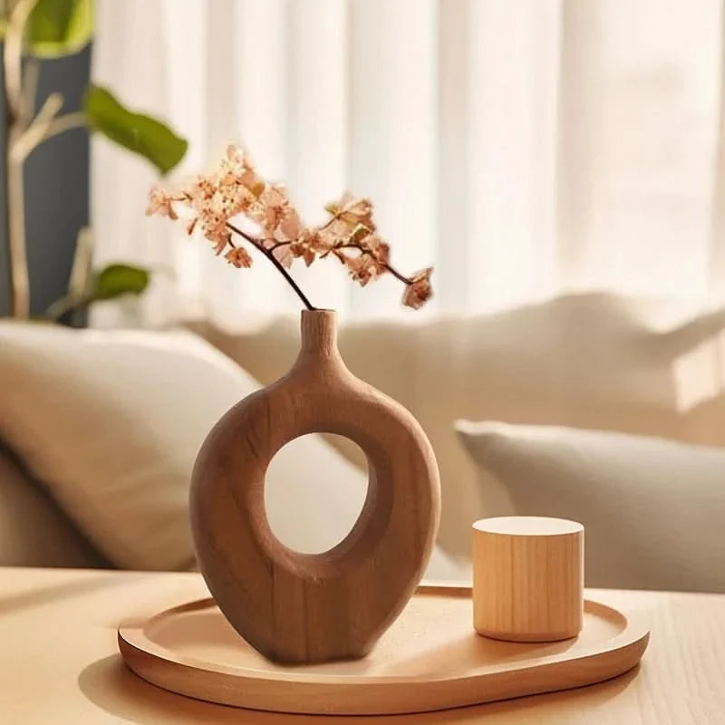 Vase Handcrafted Natural Wood Tabletop Decor