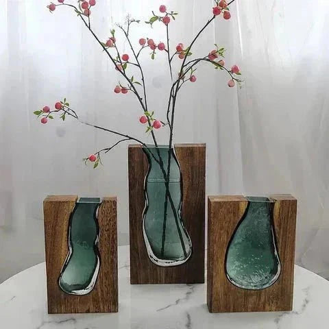 Vase Wooden Body With Glass Insert