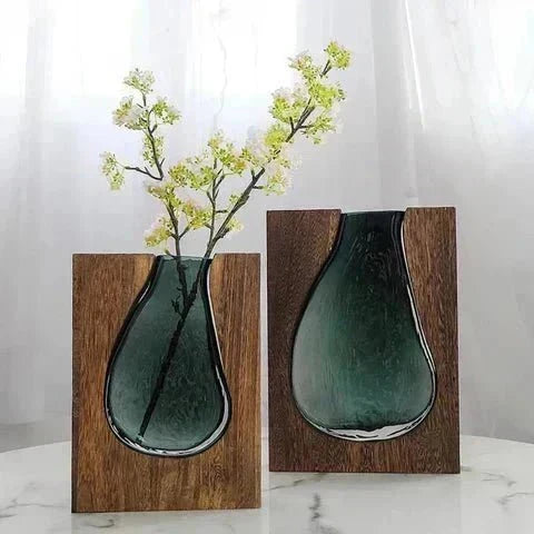 Vase Wooden Body With Glass Insert