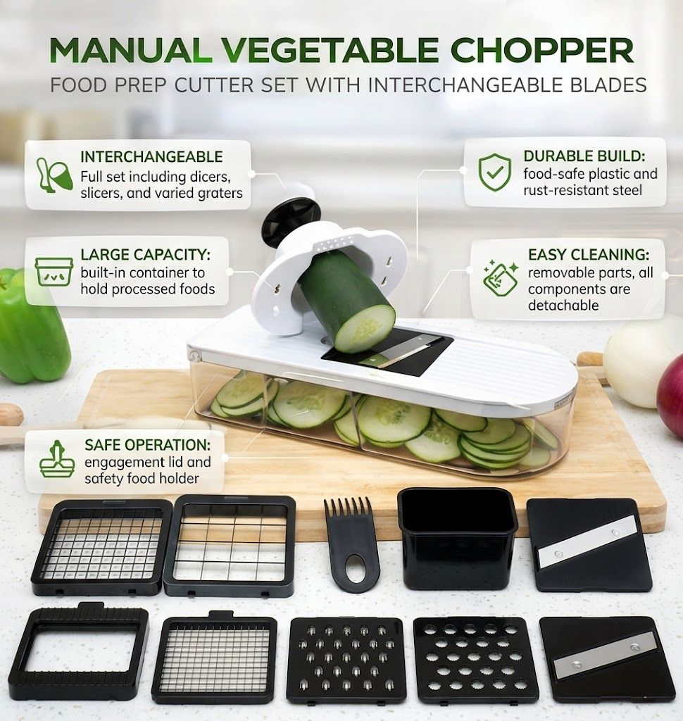 Vegetable Chopper 7-In-1 Stainless Steel Blades Safety Guard