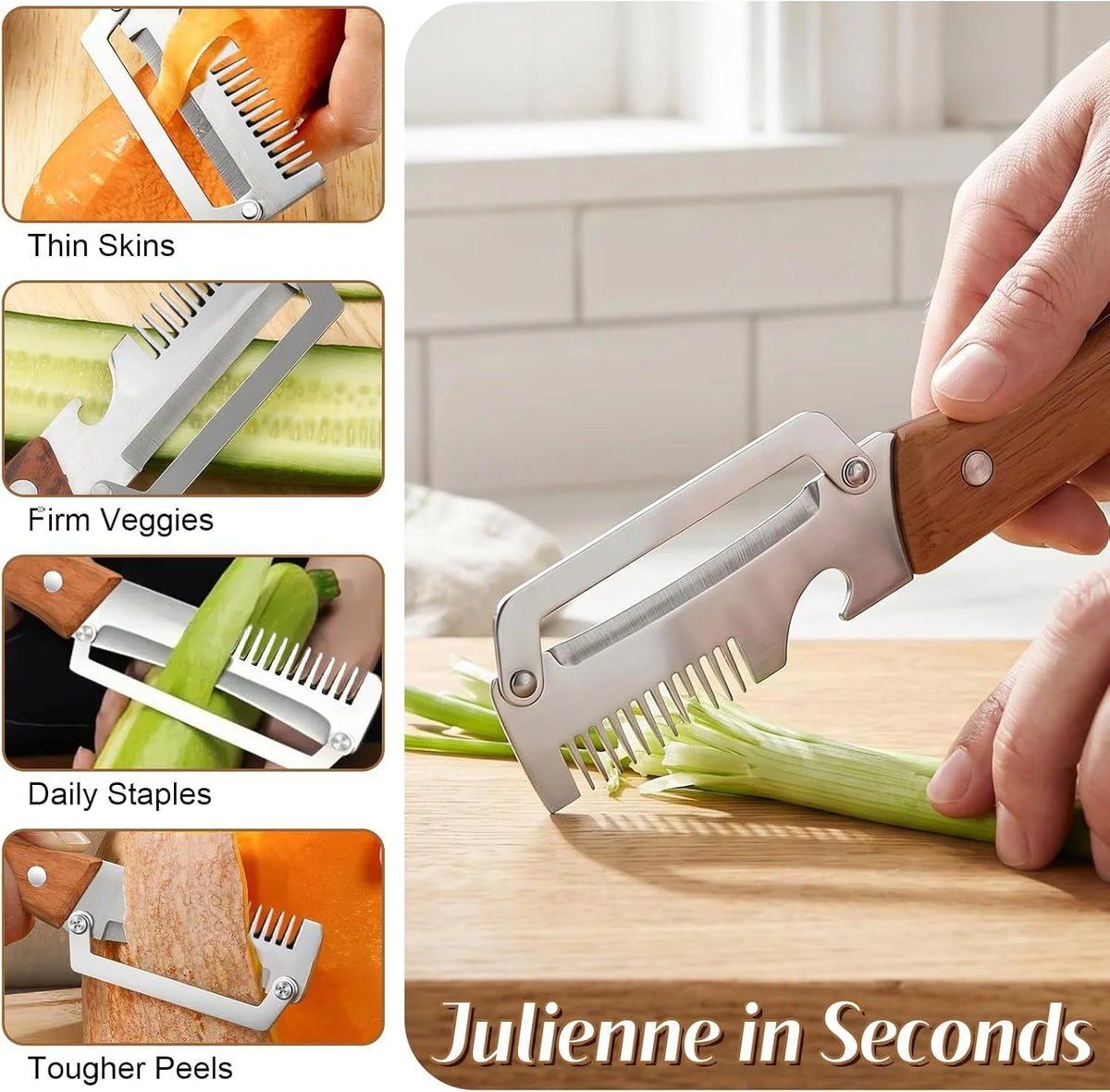 Vegetable Peeler Wide Blade & Julienne Contoured Wooden Handle