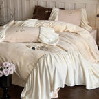 Velvet Bedding Set Microfiber Butterfly Embroidery & Ruffled Trim