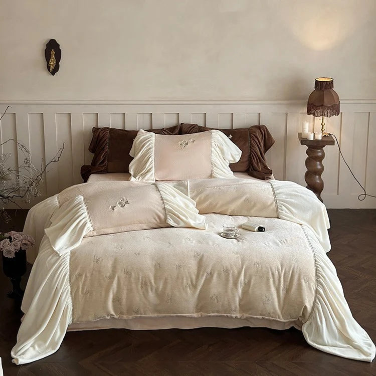 Velvet Bedding Set Microfiber Butterfly Embroidery & Ruffled Trim