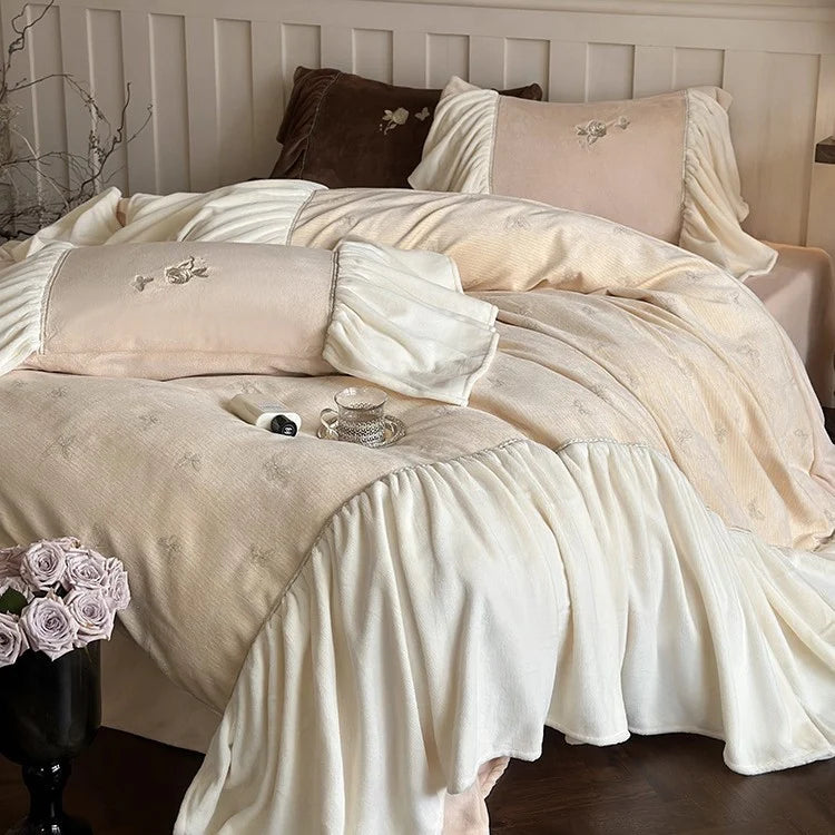 Velvet Bedding Set Microfiber Butterfly Embroidery & Ruffled Trim