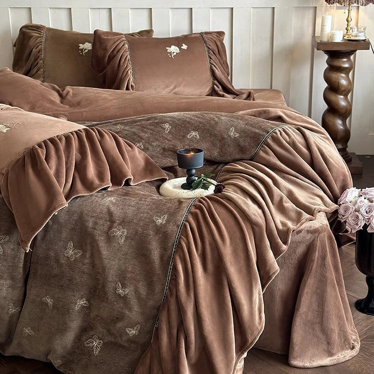 Velvet Bedding Set Microfiber Butterfly Embroidery & Ruffled Trim