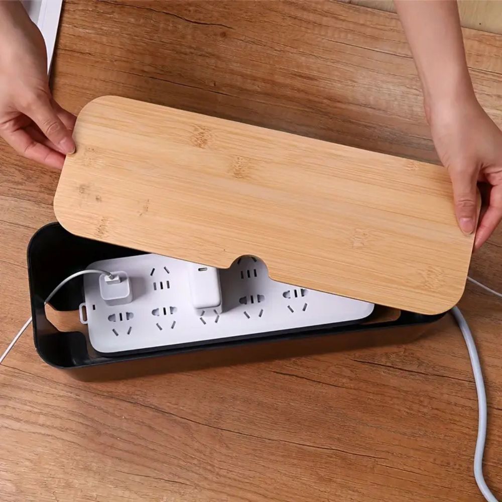 Ventilated Bamboo Cable Organizer Box (Power Strip Storage)
