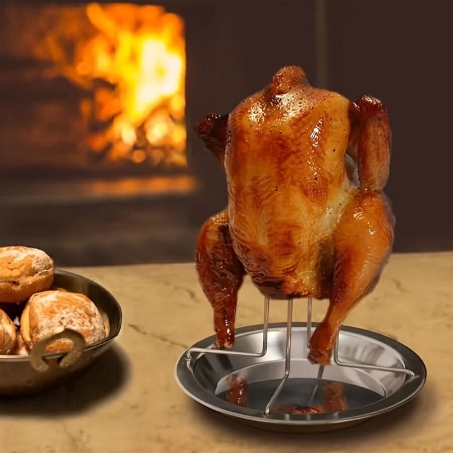 Vertical Chicken Roasting Rack Stainless Steel Foldable Drip Tray